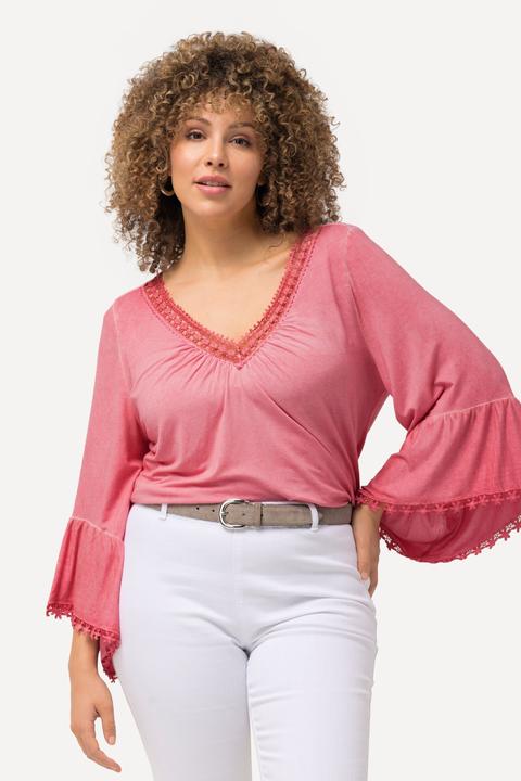 Immagine prodotto Ulla Popken T-shirt con tintura a freddo, pizzo, scollo a V e maniche a 3/4 (42, 44)