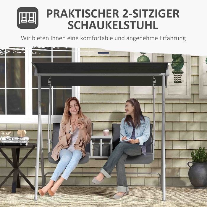 Actual product image Swisshandel24 Hollywoodschaukel 2-Sitzer mit Tablett, bis 180 kg Belastbar, Balkon, Schwarz