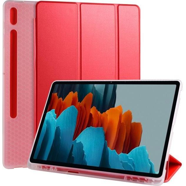 MU Classic Dreifach faltbare Hülle mit Stylus Halterung (Galaxy Tab S7+), Tablet Hülle, Rot