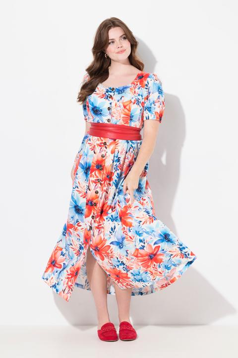 Immagine prodotto Ulla Popken Maxi abito in misto lino con inserti a punto smock, scollo rotondo e mezze maniche (54)