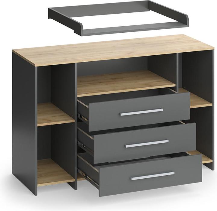 Produktbild Vicco Wickelkommode Oskar, Anthrazit/Goldkraft Eiche, 143.2 x 93 cm mit 3 Schubladen