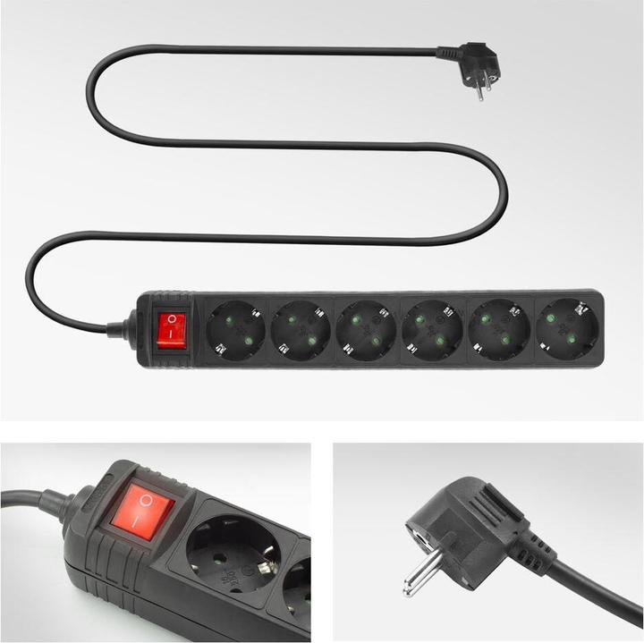 Actual product image ACT Power strip with illuminated switch, 6 sockets, 3 m, black (6x, CEE 7/4, 3 m)