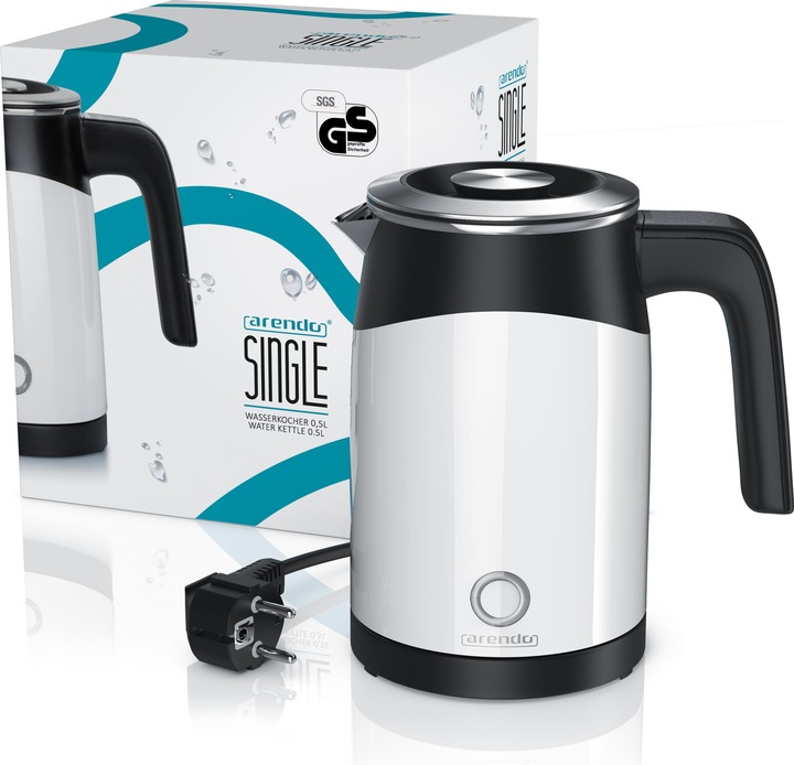Produktbild Arendo Wasserkocher 0,5 l, 1100 W, Edelstahl Single Reisewasserkocher Mini, Temperatureinstellung, weiss (0.50 l)