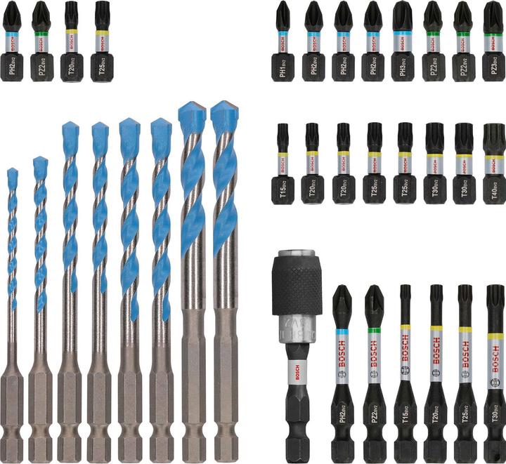 Actual product image Bosch Professional Zubehör PRO Impact Screwdriver Bits and Multi Construction Drill Mixed Set (PH1, PH2, PH3, PZ2, PZ3, T15, T40, 3 mm, 4 mm, 5 mm, 6 mm, 8 mm, T20, T25, T30)