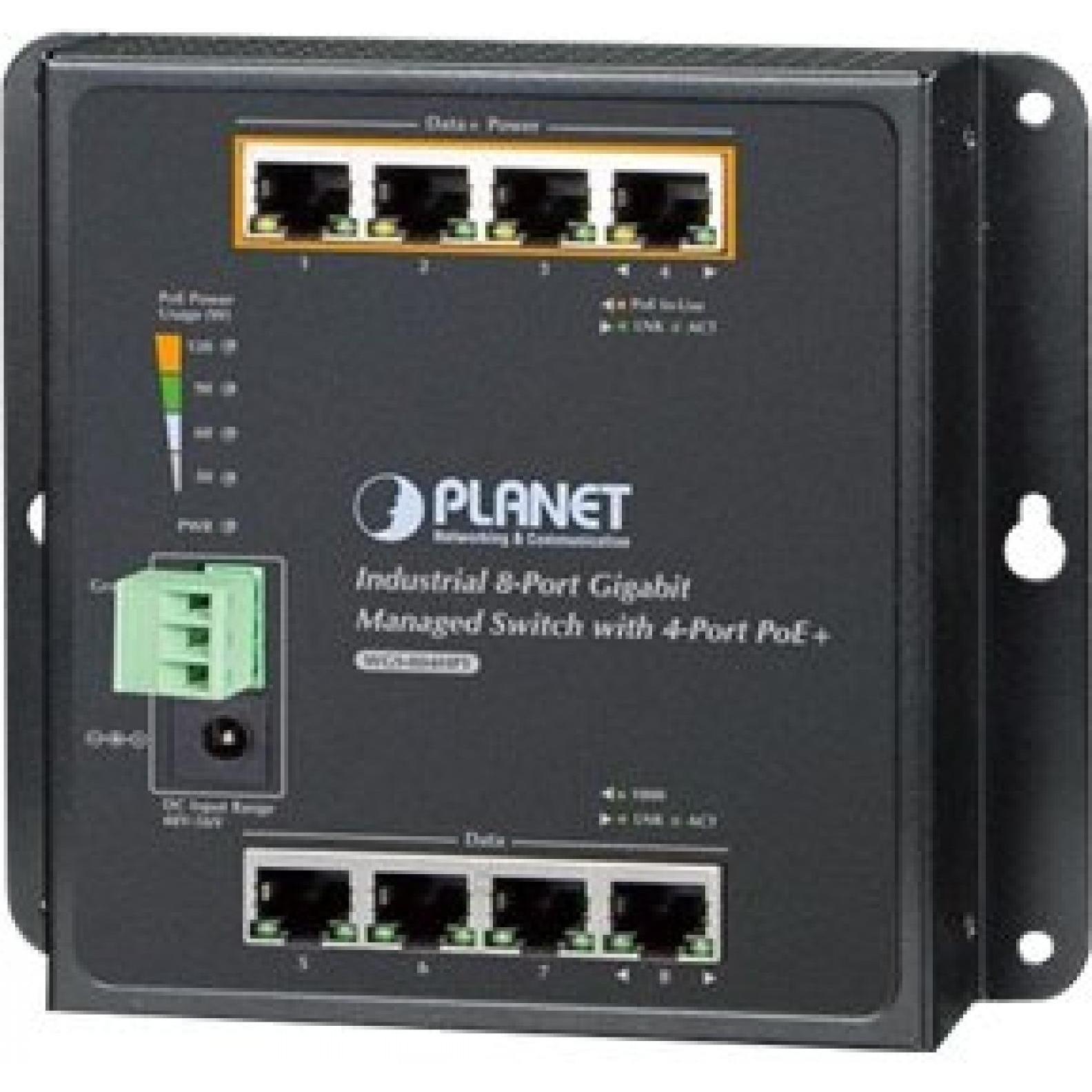 Planet IP30 8-Port Gigabit Wall-mount Switch 4-Port 802.3at POE+ ridondante 48-56V DC -40/+75 C (8 porte), Switch di rete, Nero