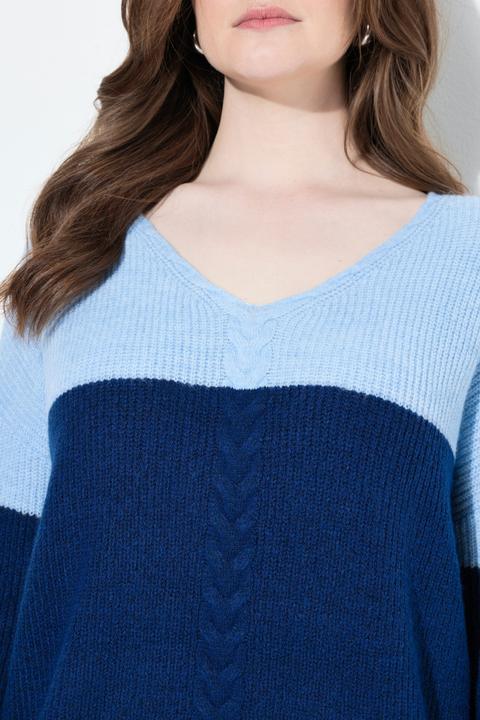 Actual product image Ulla Popken Cable Knit Block Stripe V-Neck Sweater (46, 48)