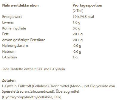 Nutritional values and ingredients Burgerstein L-Cysteine (100 Piece, Pills, 80 g)