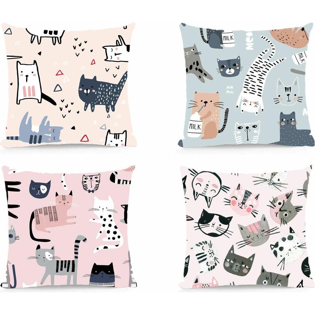 DKD Home Decor, Cuscino decorativo, Kissen Polyester Bunt Mikrofaser Katzen (40 x 10 x 40 cm) (4 Stück)