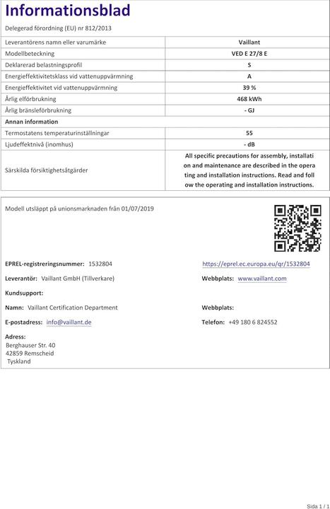 Immagine prodotto Vaillant Scaldabagno elettrico istantaneo VED E 27/8 E a controllo elettronico bianco