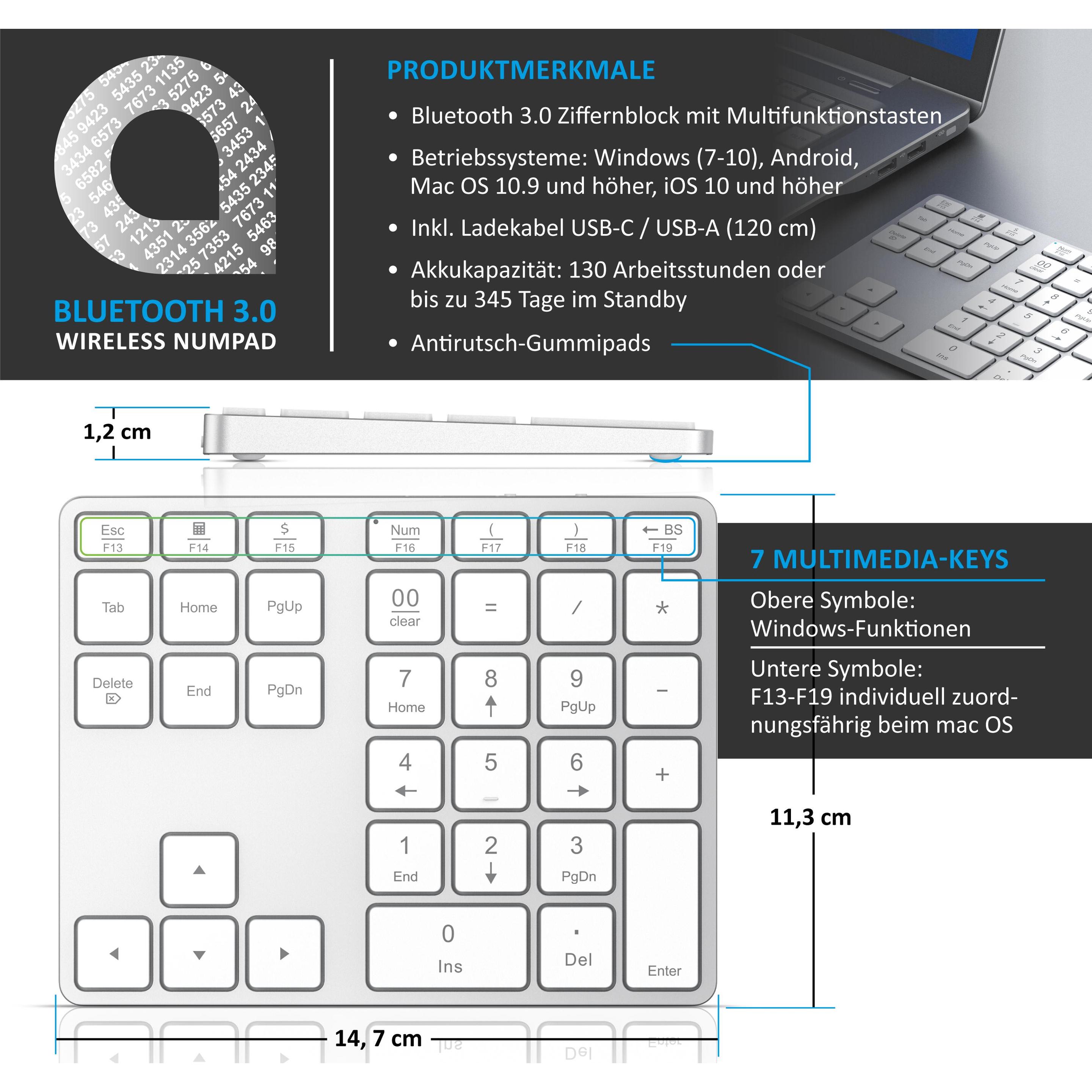 Thumbnail - Aplic Bluetooth Numpad, Wireless Ziffernblock mit Multifunktionstasten, Aluminium Keypad, 35 Tasten, BT3.0 (DE, Kabellos...
