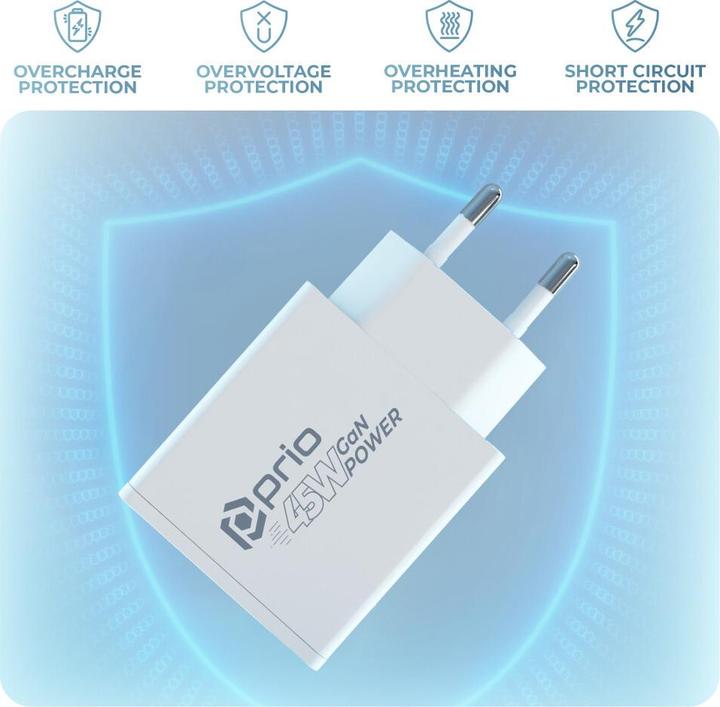Productafbeelding prio 45W GaN Power Charger PD PPS (USB C) + QC 3.0 (USB A) weiss (45 W, 2 ports)