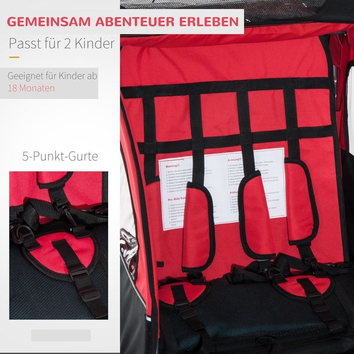Produktbild Swisshandel24 Kinderanhänger für 2 Kinder Regenschutz atmungsaktiv Oxfordgewebe Rot 155x88x108cm