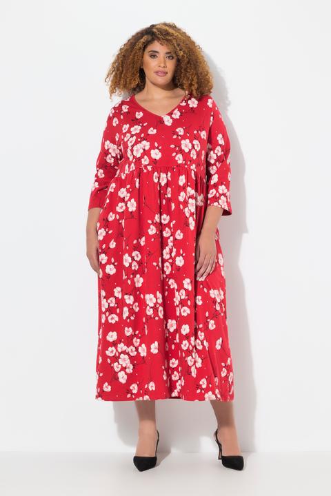 Image du produit Ulla Popken Robe en jersey, col en V et manches 3/4. Motif à fleurs. Ligne en A. (58)