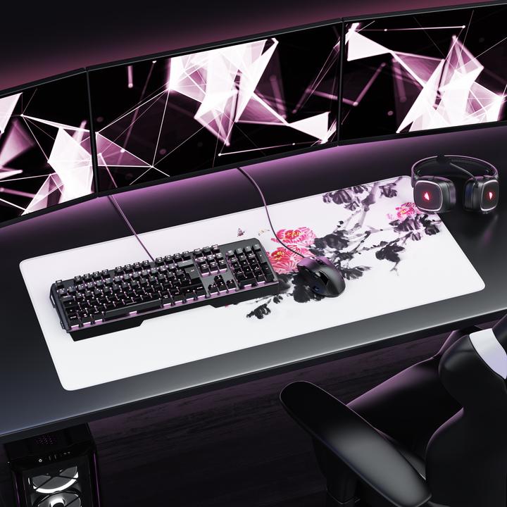 Tappetino Mouse Gaming XXL 900x400 Mm - Sakura Giapponese - Bianco, Bordi Cuciti, Base Antiscivolo