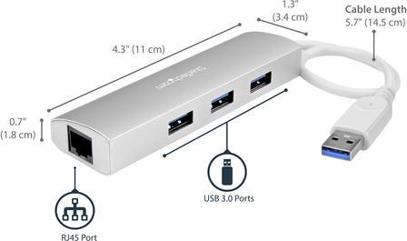 Actual product image StarTech 3 Port Mobile USB 3.0 Hub plus Gigabit Ethernet - Aluminium USB Hub with Gigabit Ethernet Adapter (USB-A, 4 ports)