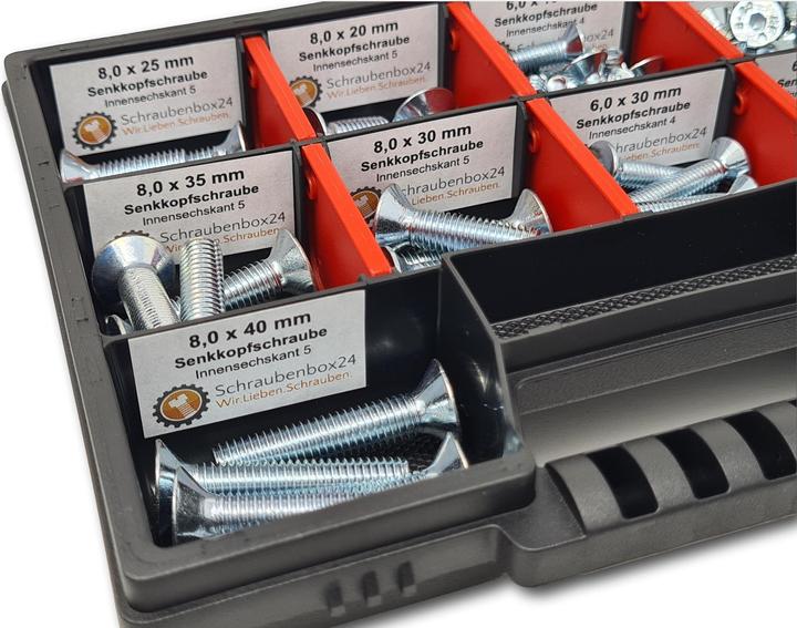 Produktbild Schraubenbox24 Senkkopfschrauben Sortiment M6-M8 // 10mm-40mm 105 tlg. Schraubenbox (105 Schrauben pro Stück)