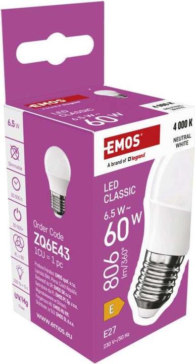 Produktbild Emos LED Lampe Classic Mini Globe / E27 / 6,5 W (60 W) / 806 lm / Neutral Weiss (E27, 806 lm, 1 x)