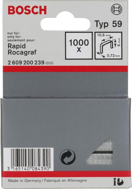 Produktbild Bosch Professional Zubehör Feindrahtklammer Typ 59, 10,6 x 0,72 x 6 mm, 1000er-Pack