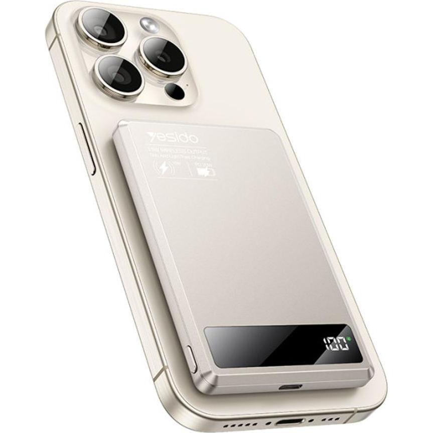 Yesido Ultra Slim Magnetic Wireless Power Bank 5000mAh - Beige, Powerbank, Beige