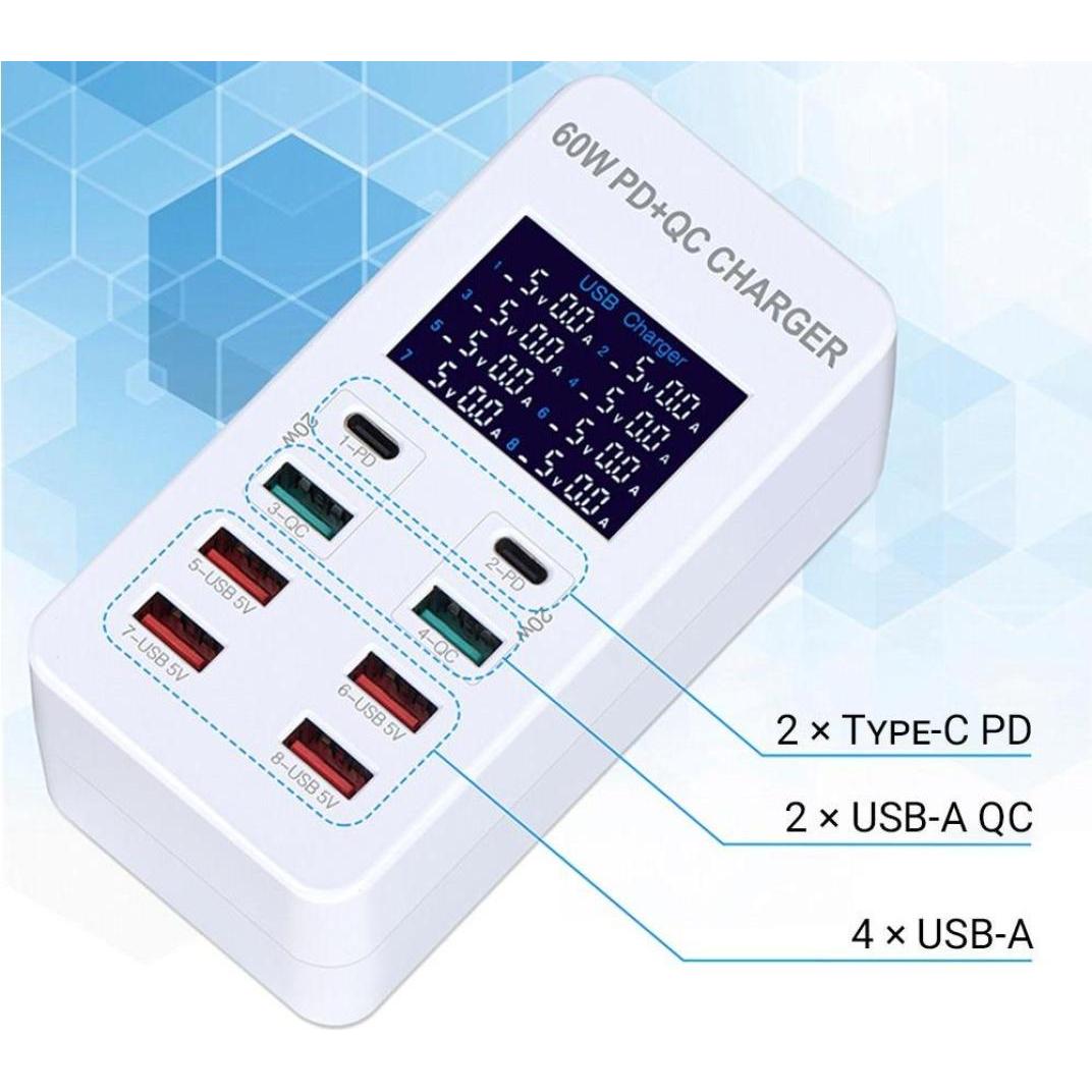 Thumbnail - PowerGuard 8-Fach Smart USB Charger 60W USB-C Power Delivery Ladegerät (60 W), USB Ladegerät, Weiss
