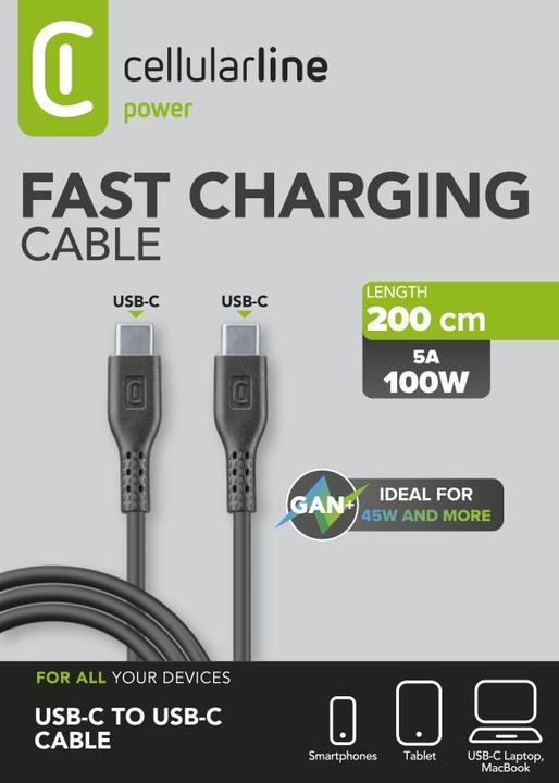 Produktbild Cellularline Fast Charging 200cm schwarz 5A/100W, USB Type-C auf USB Type-C (2 m, 100 W)