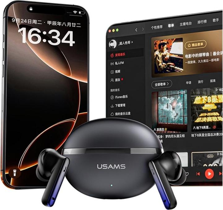 Produktbild Usams Earphones Bluetooth Echo E02 TWS ANC+ENC wireless black (ANC, 4 h, Kabellos)
