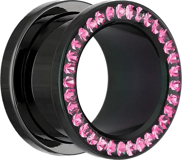 Produktbild Star Piercing Flesh Tunnel schwarz mit Kristall pink und Epoxy Schutzschicht (Chirurgenstahl 316L, ohne Messing)