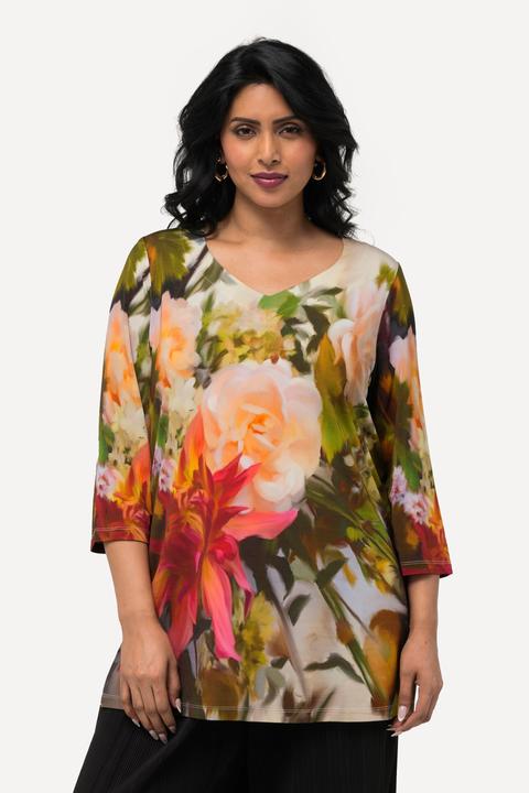 Produktbild Ulla Popken Slinkyshirt, Blüten, Classic, Herzausschnitt, 3/4-Arm (56)