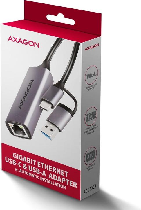 Image du produit Axagon ADE-TXCA, USB-C + USB-A 3.2 Gen 1 - Gigabit Ethernet s????ov?? karta, Asix AX88179, auto instal (USB-C, USB, RJ45 (1x))