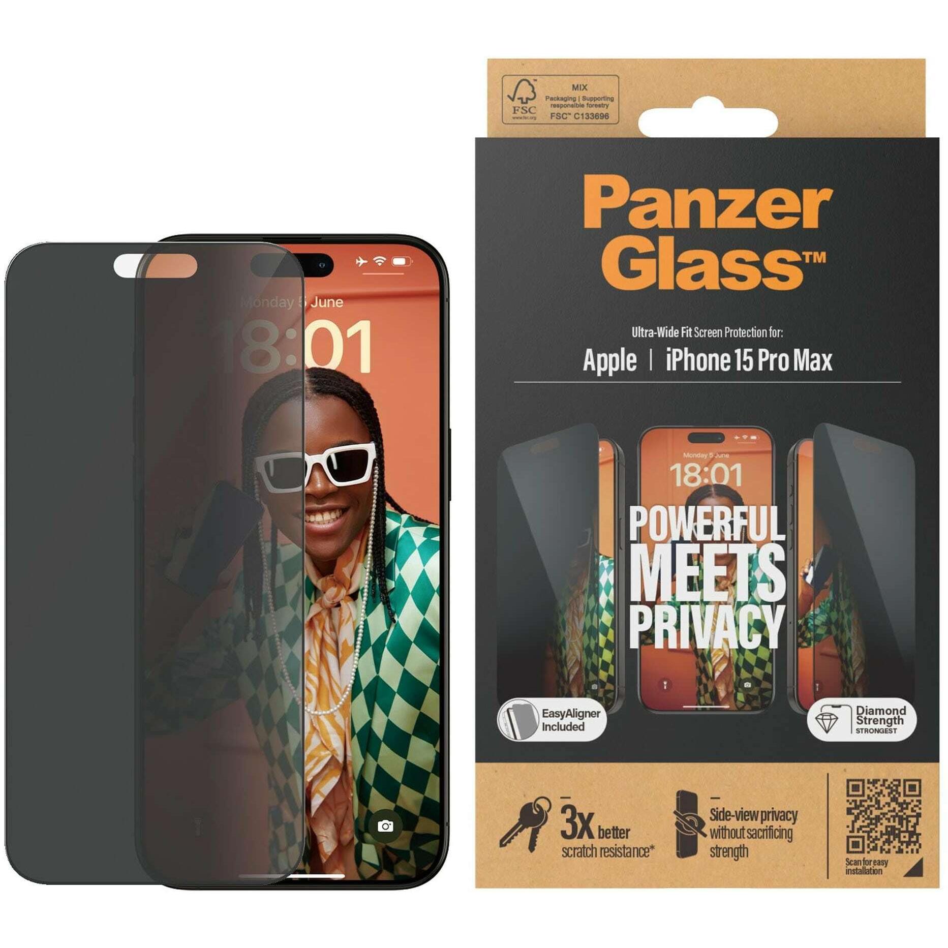 PanzerGlass Privacy Screen Protector Ultra-Wide Fit (1 Stück, Apple iPhone 15 Pro Max), Smartphone Schutzfolie, Transpar...