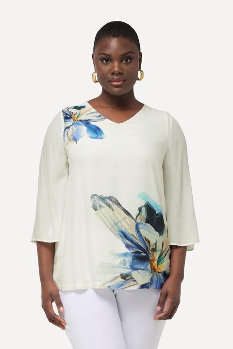 Image du produit Ulla Popken Blouse oversized à fleurs, encolure en V et manches 3/4 en cloche (42, 44)