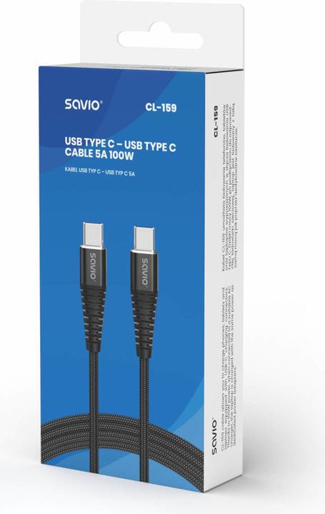 Produktbild Savio CL-159 USB Kabel 1 m USB 2.0 USB C - USB C Schwarz (1 m, USB 2.0, 100 W)