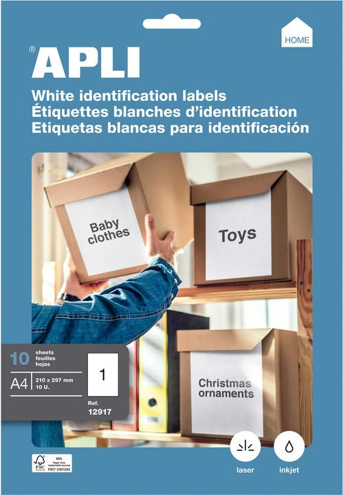 Actual product image Apli Universal labels, a4, 210x297 mm, 10 pieces, white
