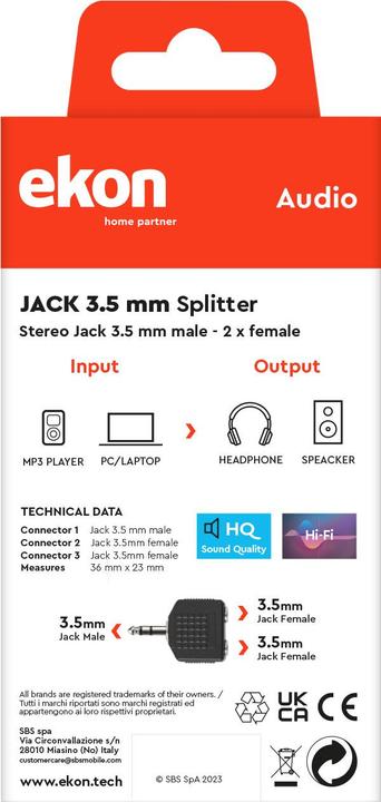 Image du produit Ekon Jack diviseur 3,5 mm 1 mâle - 2 femelles (Séparateur audio)