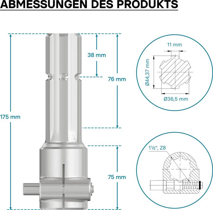 Actual product image Wiltec Adaptor Sleeve for PTO Shaft 175 mm w/ 8-32x38x6 Spline Housing and 1 3/4" 6T Output Shaft Trac (Tractor accessories)