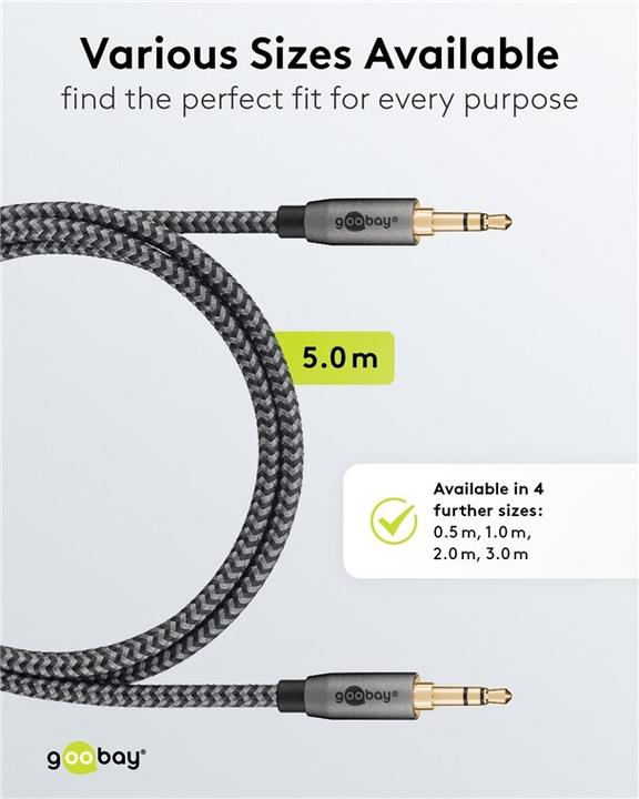 Actual product image Goobay Audio connection cable AUX, 3.5 mm stereo, 5 m, Sharkskin Grey (5 m, AUX cable)