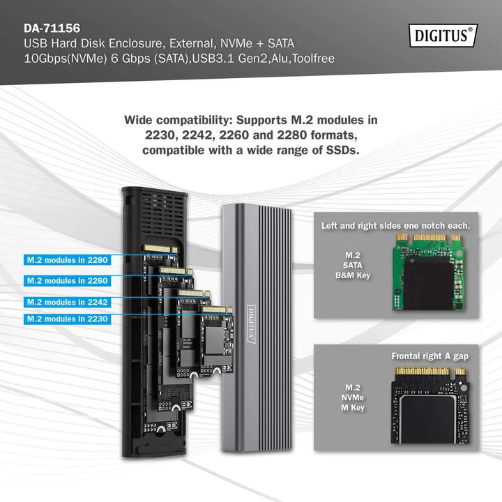 Immagine prodotto Digitus Alloggiamento per disco rigido USB M.2, SSD, esterno, NVMe + SATA, 10 Gbps (NVMe) 6 Gbps (SATA), USB (M.2 2280, M.2 2230, M.2 2260, M.2 2242)