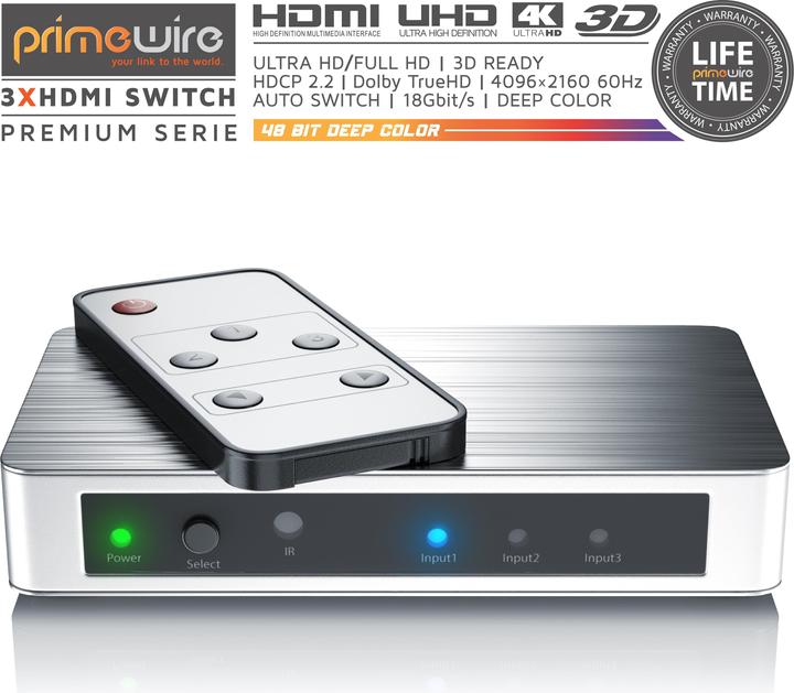 Produktbild Primewire HDMI Switch 4k UHD, 3 Port, Verteiler mit Fernbedienung & Netzteil