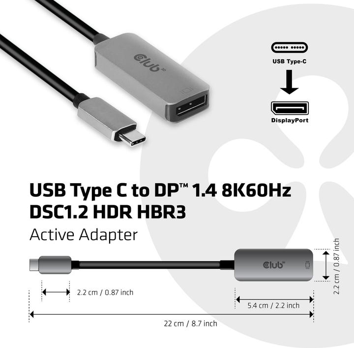 Produktbild Club 3D Adapter USB Type C - DisplayPort 1.4 (DP, 6 cm)