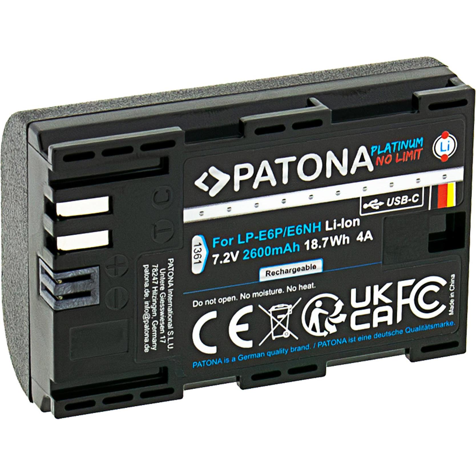 Patona Platinum Canon LP-E6P USB-C (Batteria della fotocamera), Alimentatore fotocamera, Nero