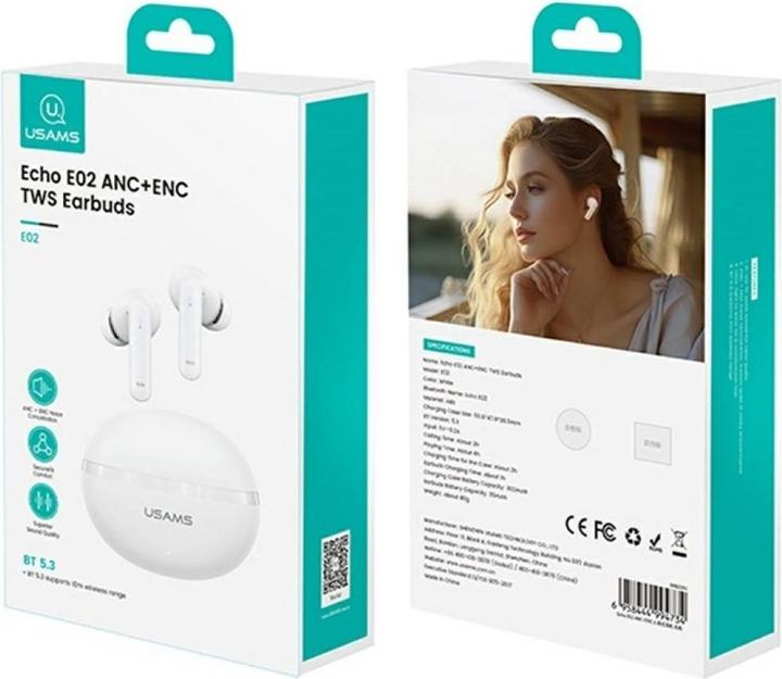Actual product image Usams Echo E02 TWS Bluetooth Headphones ANC+ENC wireless white (4 h, Wireless)