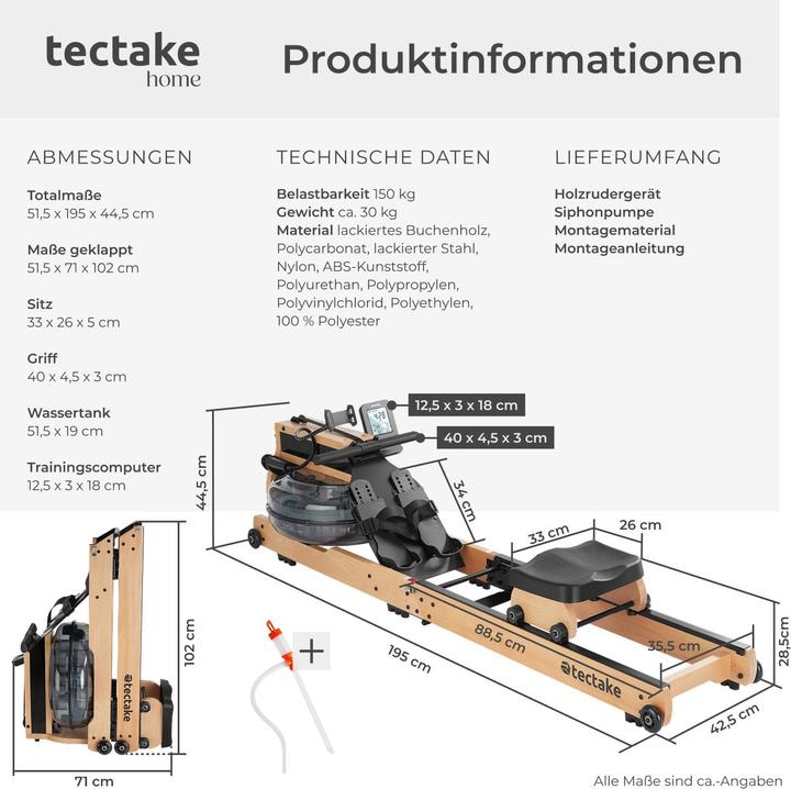 Produktbild tectake Holzrudergerät Titan, klappbar, 150kg belastbar, Bluetooth