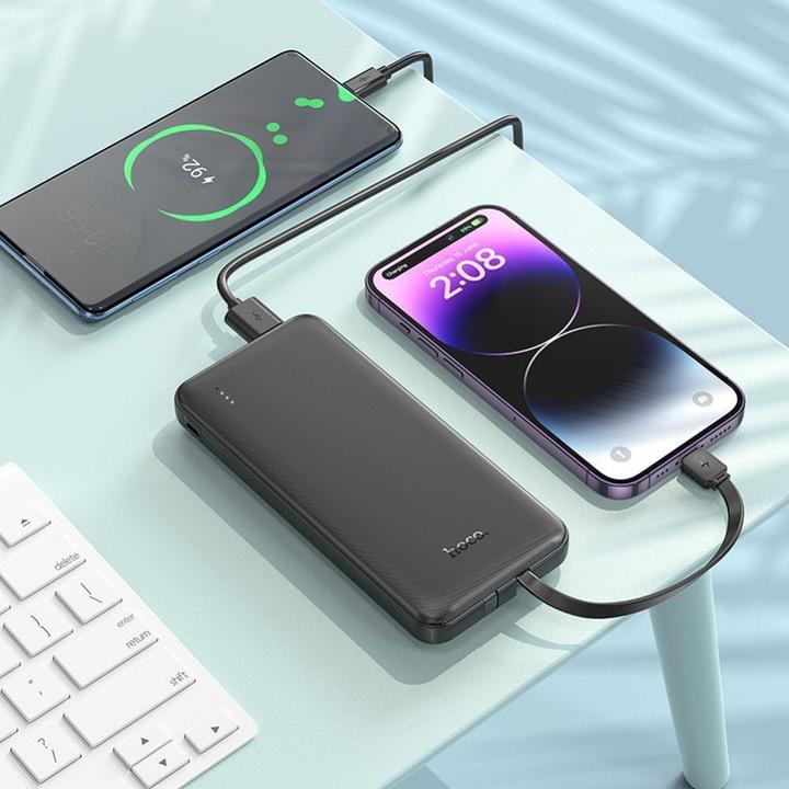 Actual product image Hoco Power bank Powerbank 10000 mAh 2A with built-in cables USB C + Lightning J118 black (10000 mAh, 37 Wh)