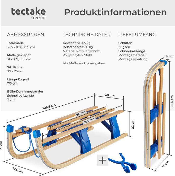 Image du produit tectake Traîneau en bois Jeffrey, pliable avec corde de traction,pince à neige