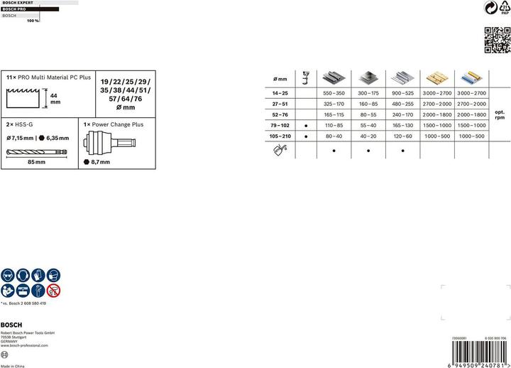 Produktbild Bosch Professional Zubehör PRO Multi Material PC Plus Lochsägen-Set, 14-tlg. (19 mm, 22 mm, 25 mm, 29 mm, 35 mm, 38 mm, 44 mm, 51 mm, 57 mm, 64 mm, 76 mm)