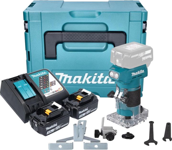 Actual product image Makita DRT 52 RFJ cordless edge router 18 V 6 mm brushless + 2x battery 3.0 Ah + charger + Makpac