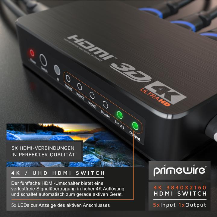 Actual product image Primewire HDMI 2.0 switch, 5-port Ultra HD 4K HDMI switch with remote control, 5x IN/1x OUT distributor