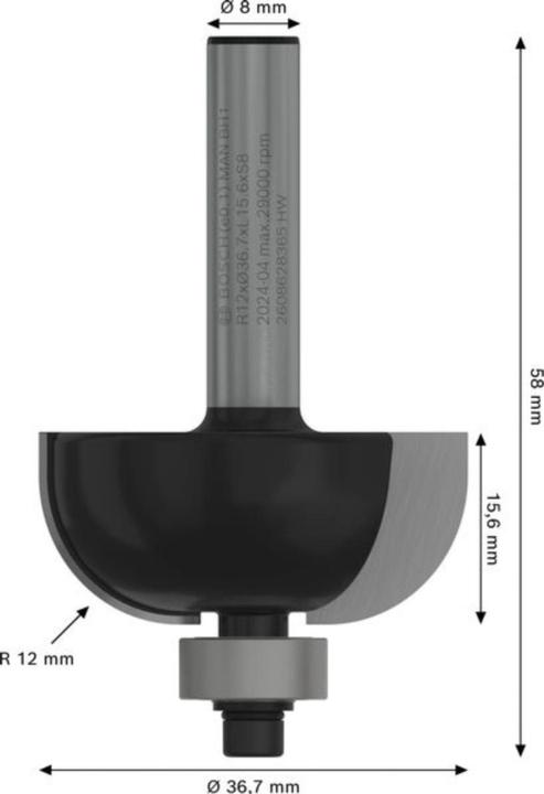 Produktbild Bosch Professional Zubehör Hohlkehlenfräser, 8 mm, R1 12 mm, D 36,7 mm, L 16 mm, G 58 mm
