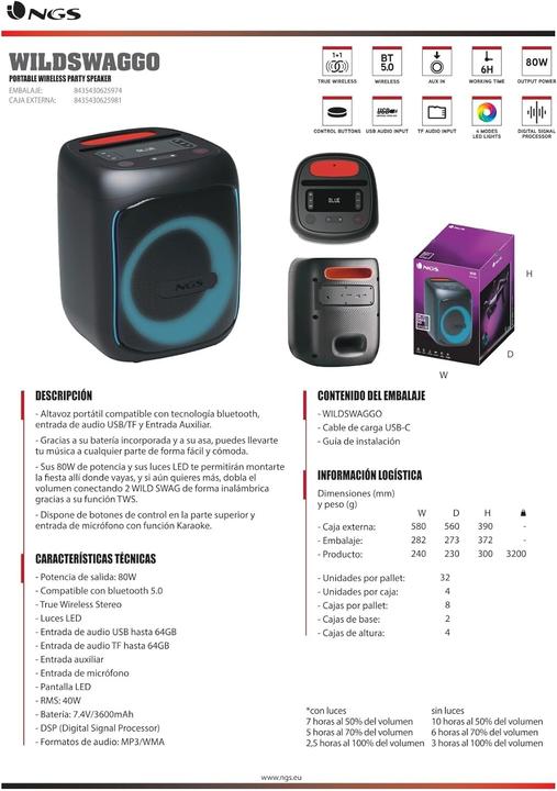 Actual product image NGS Speaker Wild Swag Go Portatile BT/TWS/USB/TF/AUX-IN 80W (10 h)