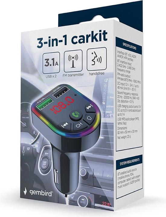 Immagine prodotto Gembird Caricatore Mobile Per Auto USB 3in1/Trasmettitore Fm Btt-05